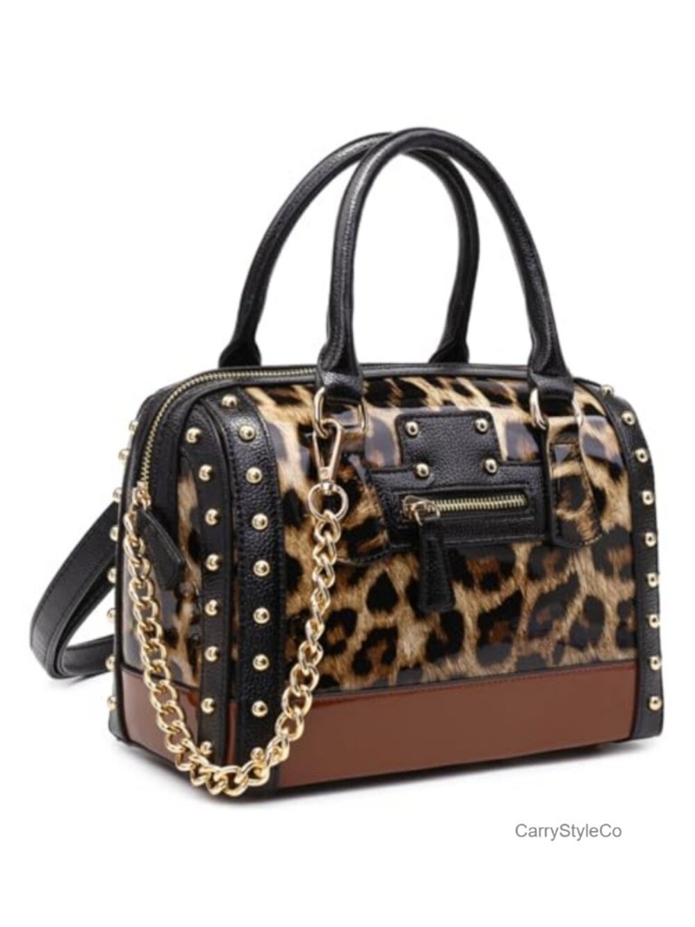 Women's Barrel Handbag Patent Faux Leather Satchel Purse Rivet Studded Top